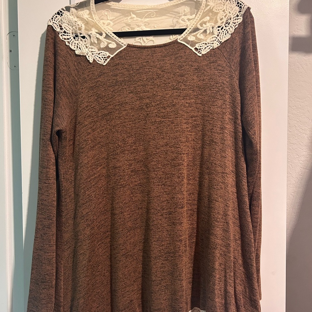 Brown Lace Trim Women's Top